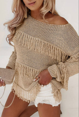 Khaki Boho Tasseled Knitted Sweater