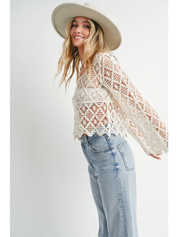 Sheer Crochet Boat Neck Pullover